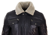 Mens Black brown Real Leather Jacket Sheepskin Collar Short Zip Button - Black