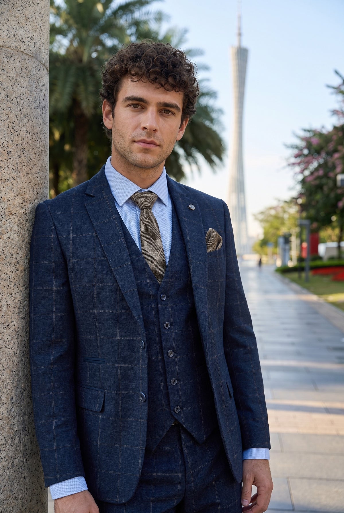 Look #729 styled with Herre 3-delt jakkesæt i uld, tweed, marineblå, brun, tern, 1920'er Gatsby
