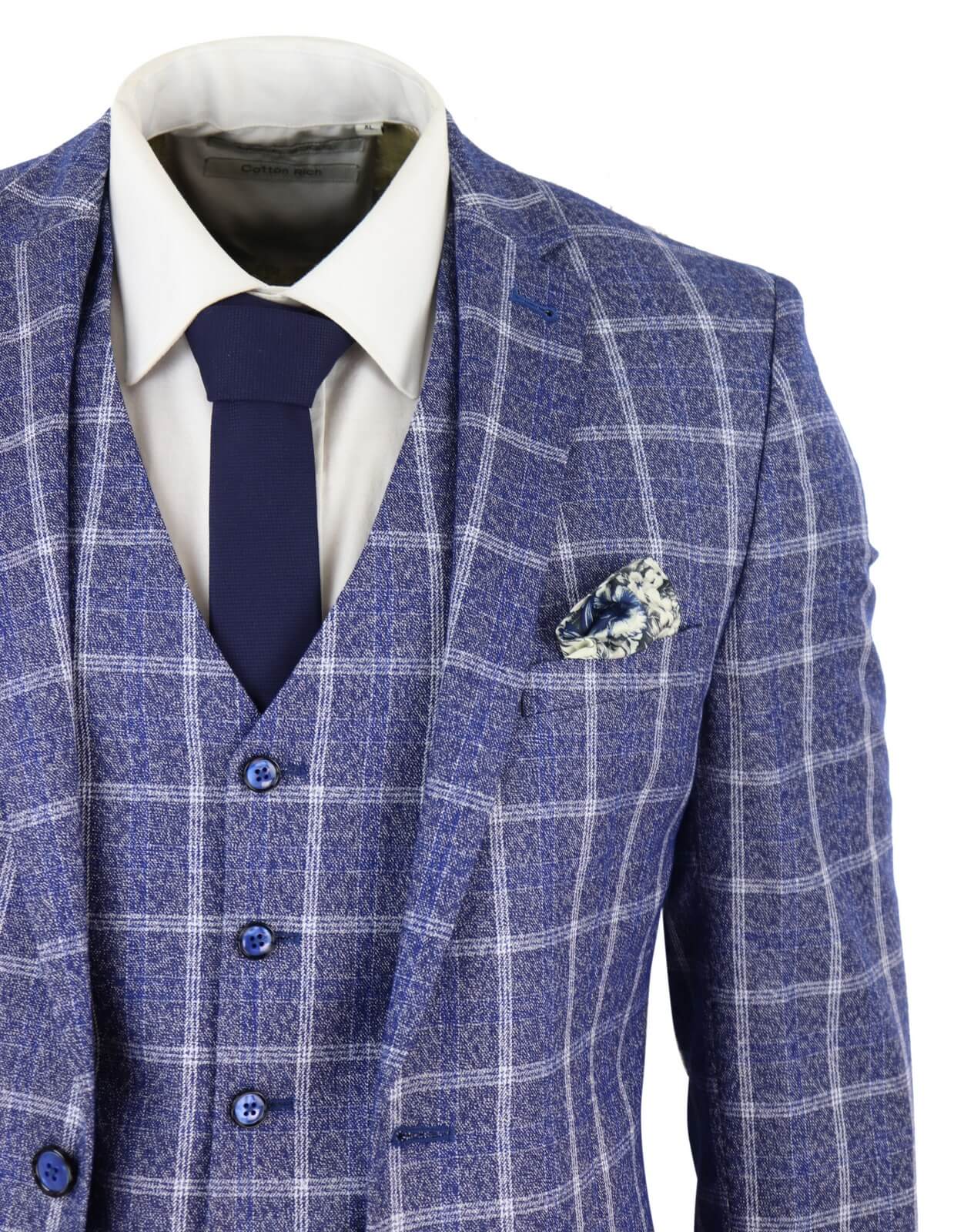 Mens 3 Piece Slim Fit Suit Herringbone Tweed Check Vintage Classic 1920s Blue