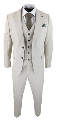 Mens Wool 3 Piece Cream Beige Suit Slim Fit Classic Wedding Party Vintage 1920s
