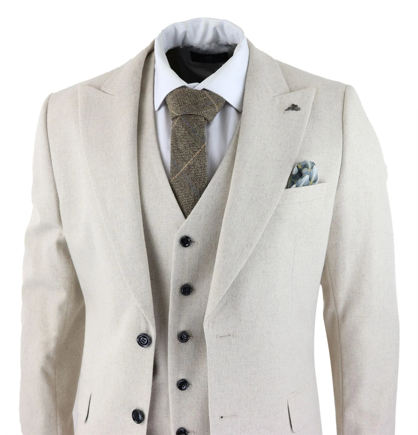 Mens Wool 3 Piece Cream Beige Suit Slim Fit Classic Wedding Party Vintage 1920s
