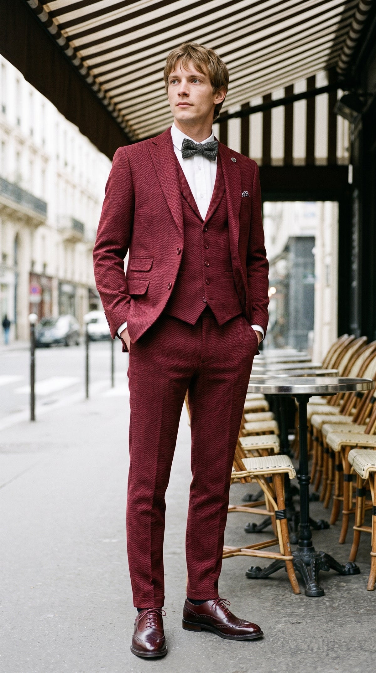Look #144 styled with Herresæt med sildebensmønster, vinrødt 3-delt tweedmønster - STZ11
