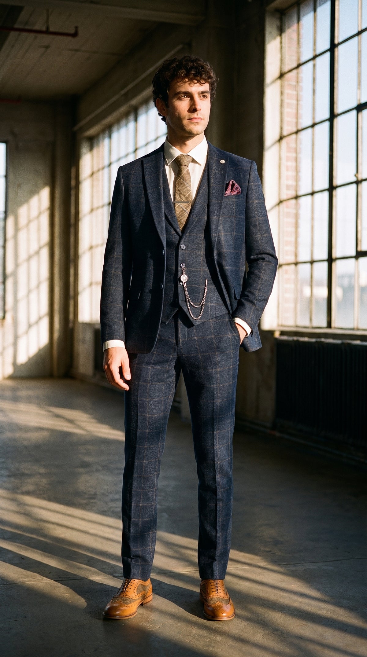 Look #725 styled with Herre 3-delt jakkesæt i uld, tweed, marineblå, brun, tern, 1920'er Gatsby