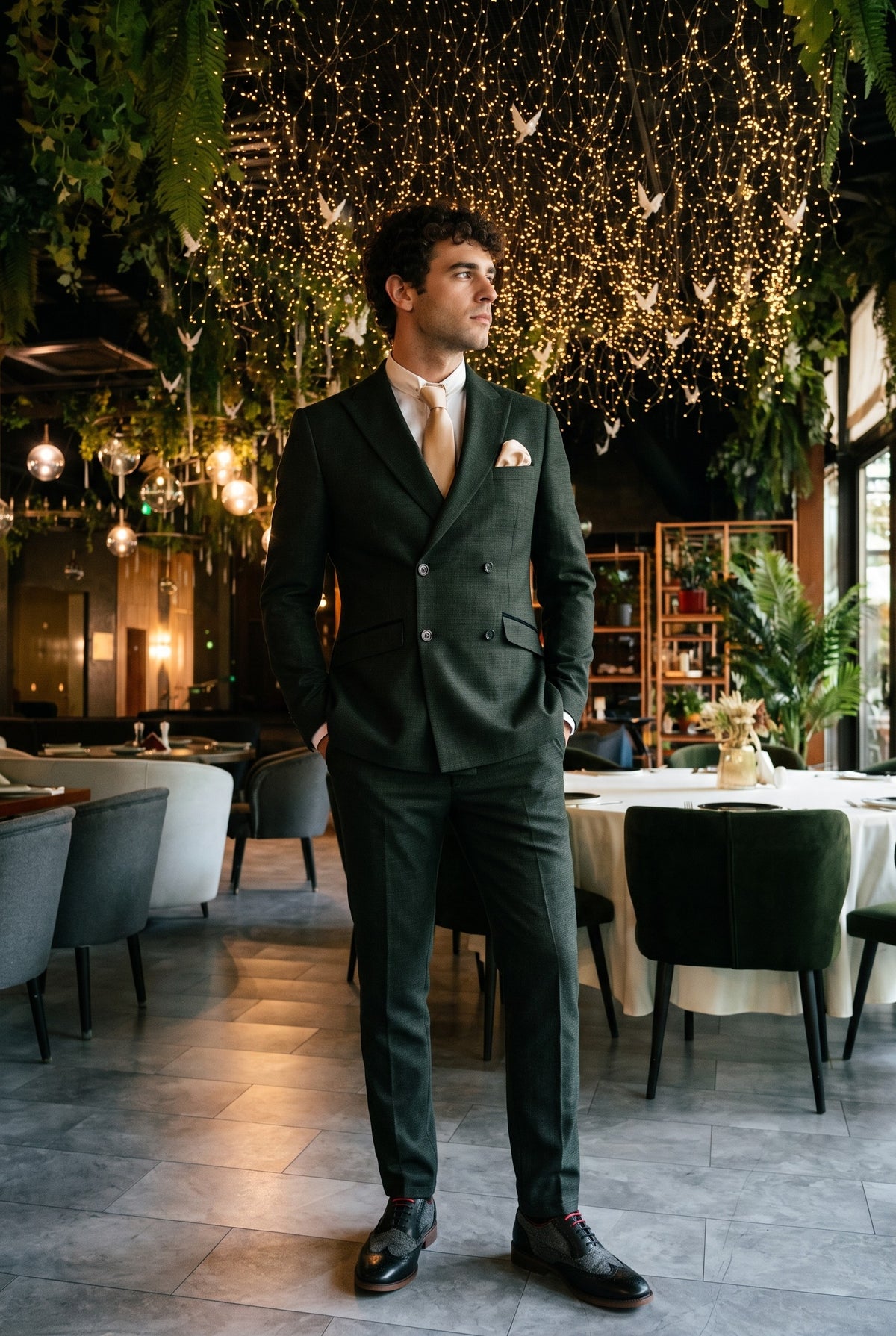 Look #784 styled with Caridi - Herre 2-delt olivengrønt dobbeltradet jakkesæt