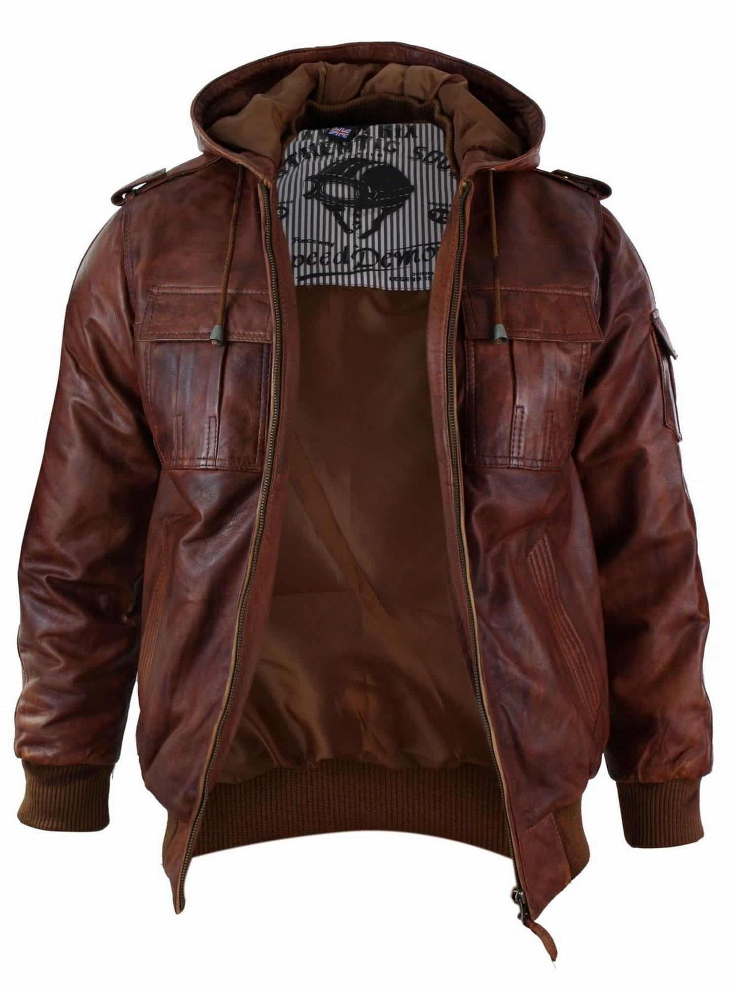 Mens Real Leather Hood Bomber Jacket Tan Timber Brown Washed Vintage Quilted