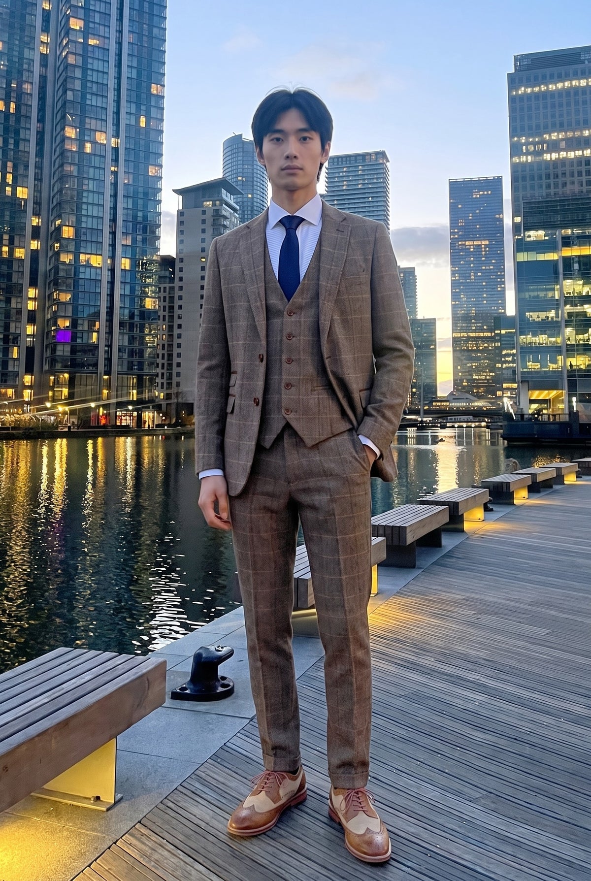 Look #536 styled with Harris - Brunt 3-delt sildebensmønstret tweedjakkesæt til mænd