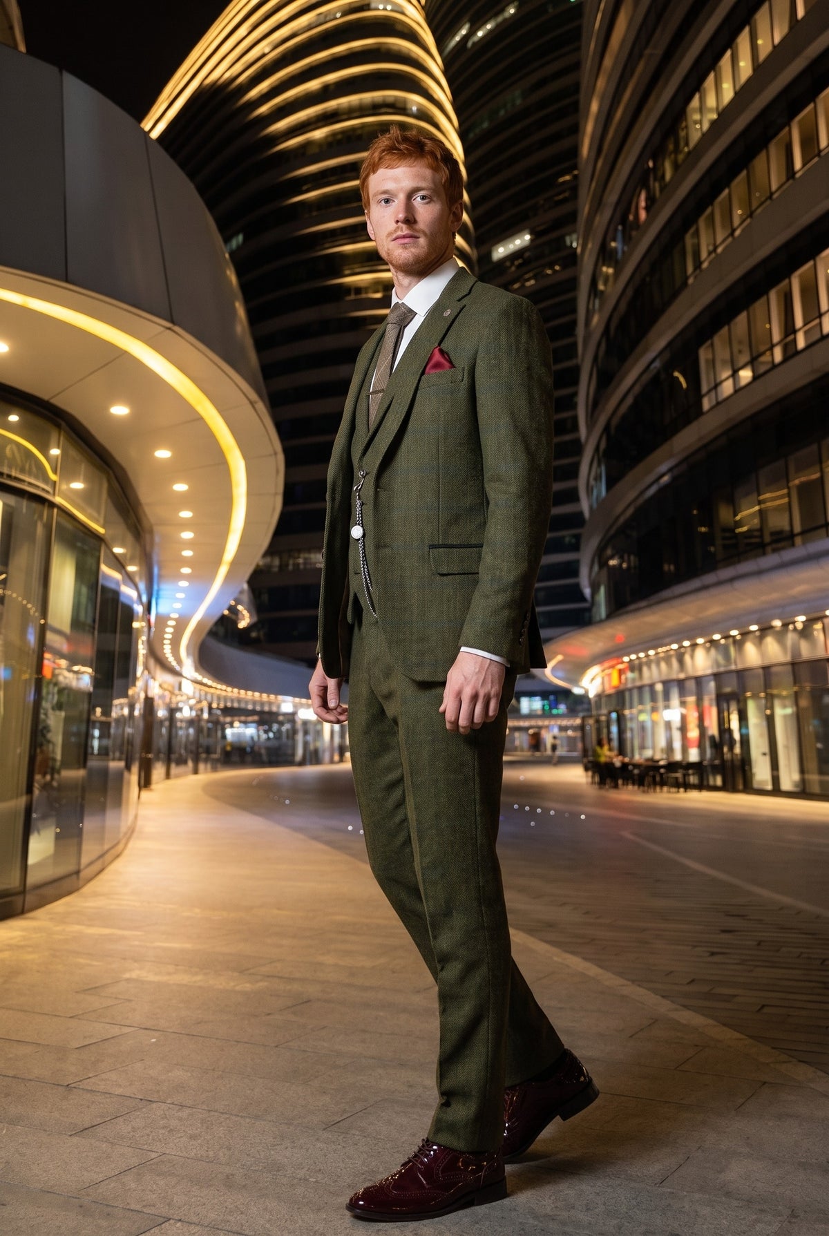 Look #708 styled with Herre 3-delt jakkesæt i uld, tweed, grøn, blå, brun, tern, 1920'er, Gatsby