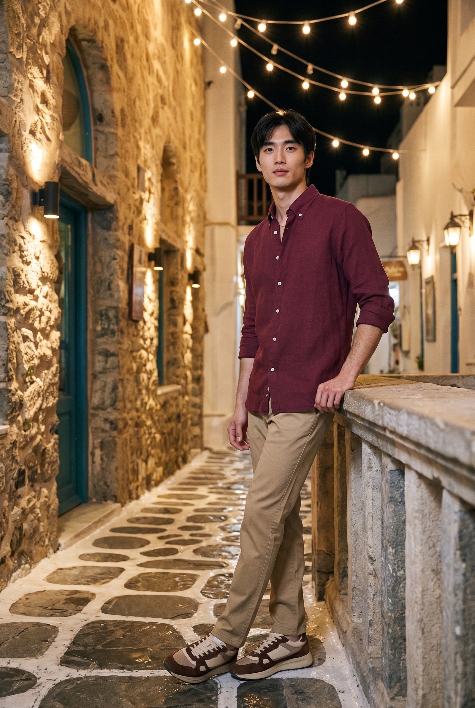 Look #1031 styled with Herre khaki chinobukser i hørblanding i tyndt Tencel-bomuld til sommer