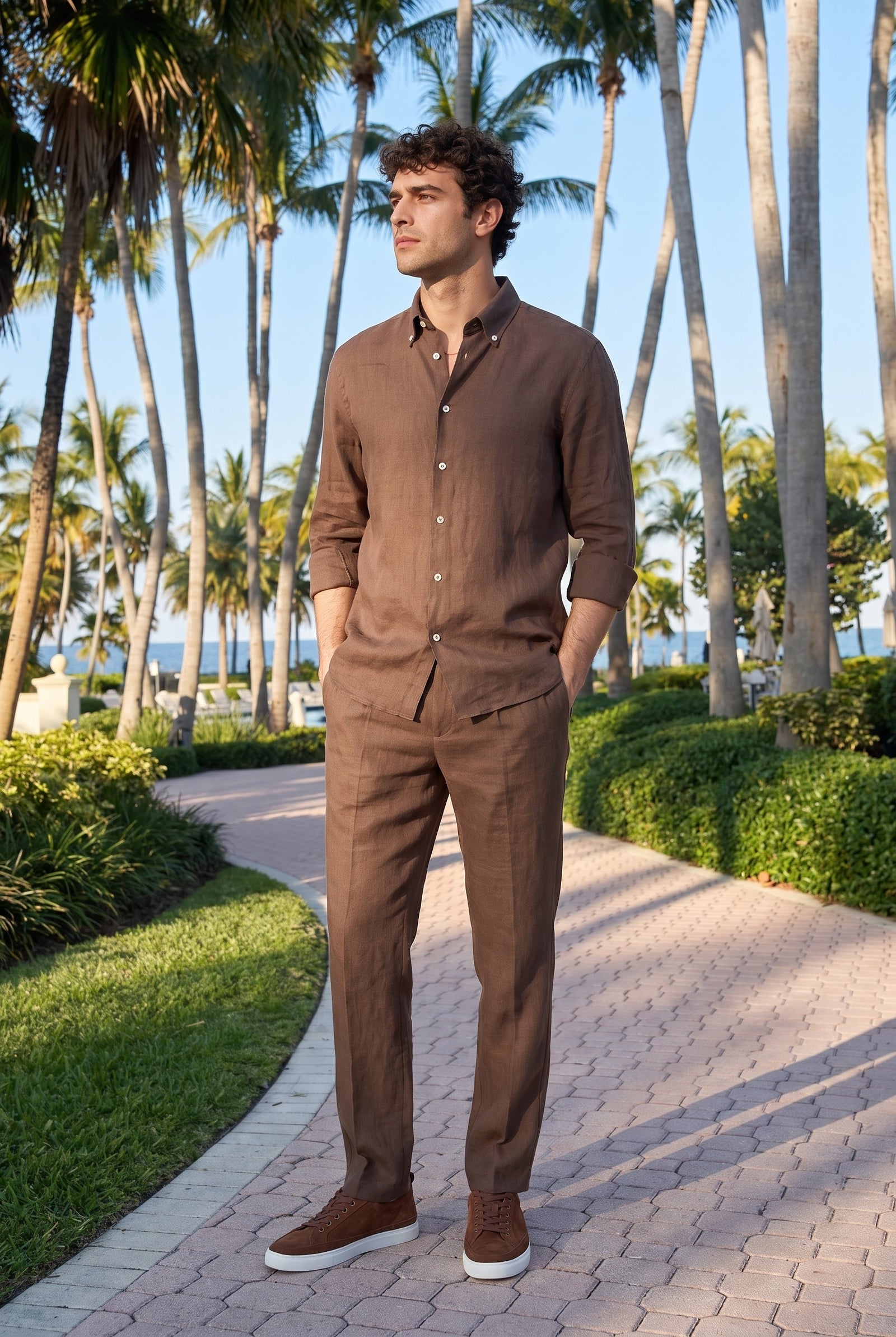 Look #872 styled with Herreskjorte i mørkebrun hør med lange ærmer og knapper i sommerkvalitet