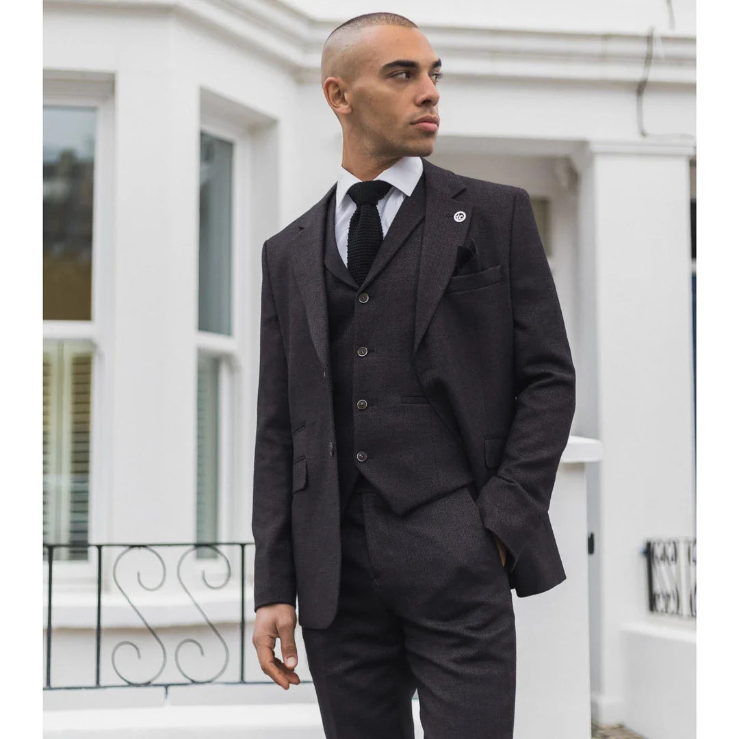 Herresæt i blommefarvet tweed med 3 dele og sildebensmønster