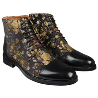 Adam- Men's Floral Print Leather Oxford Ankle Black Boots