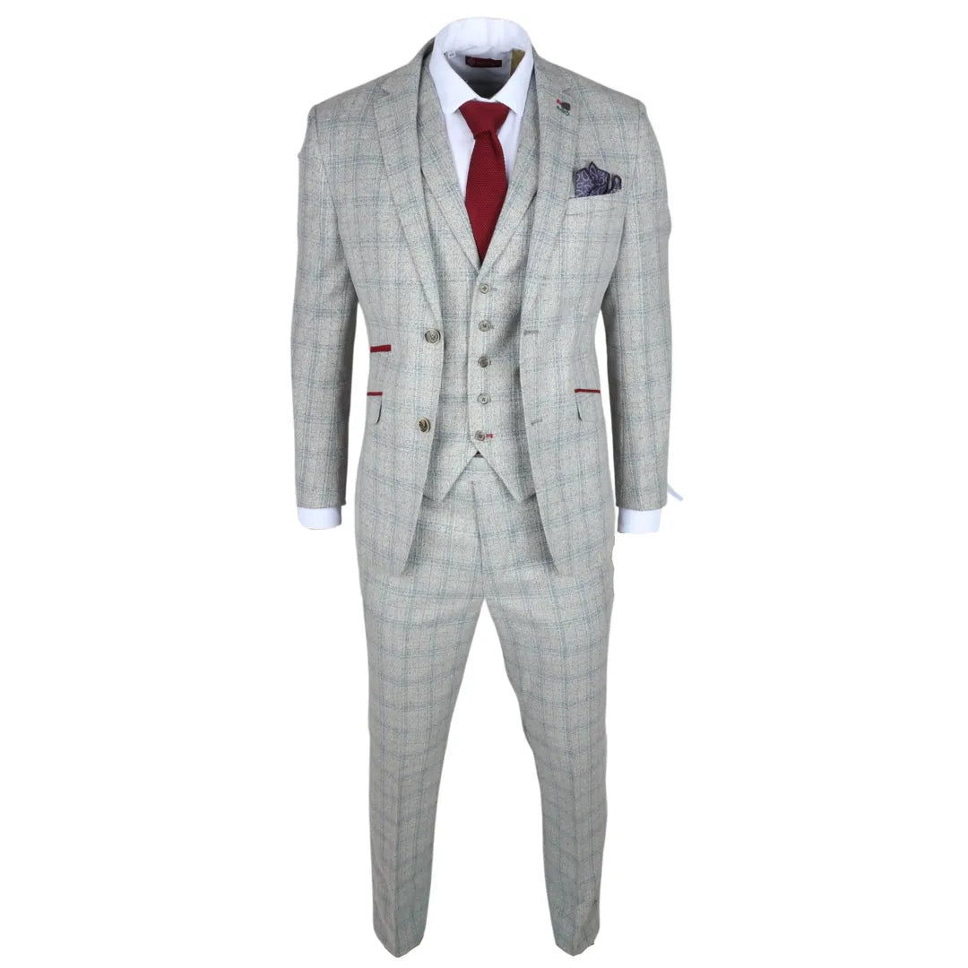 Andrew Men's 3-Piece Grey Checked Slim Fit Suit with Red Accents