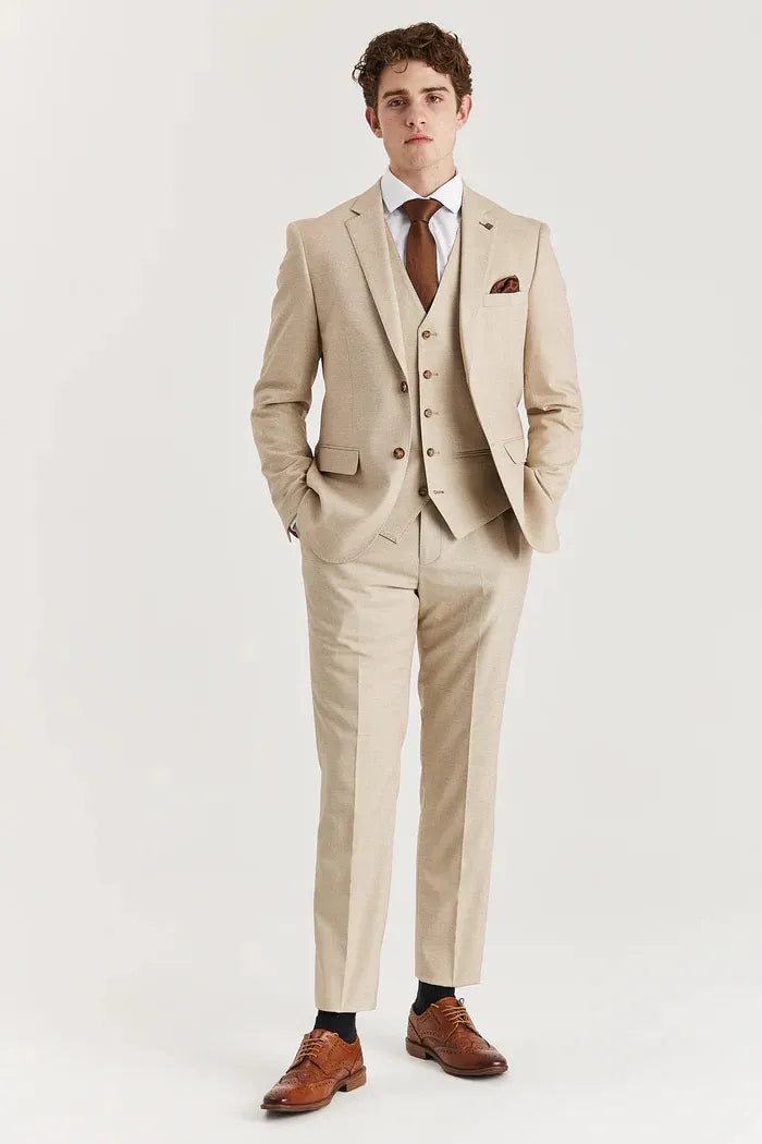 Belmont - Men's Beige 3 Piece Stitch Lapel Classic Suit