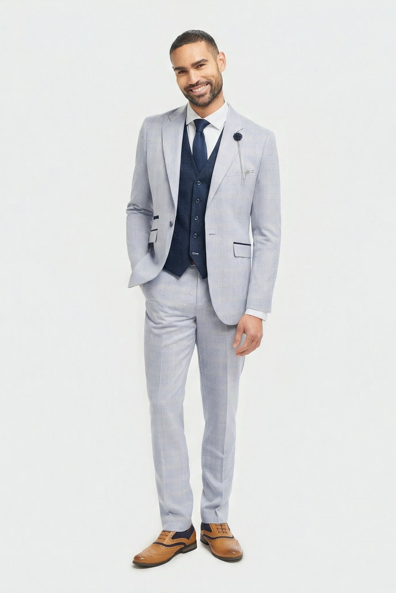 Herre lyseblåt ternet Prince of Wales 3-delt jakkesæt med marineblå vest