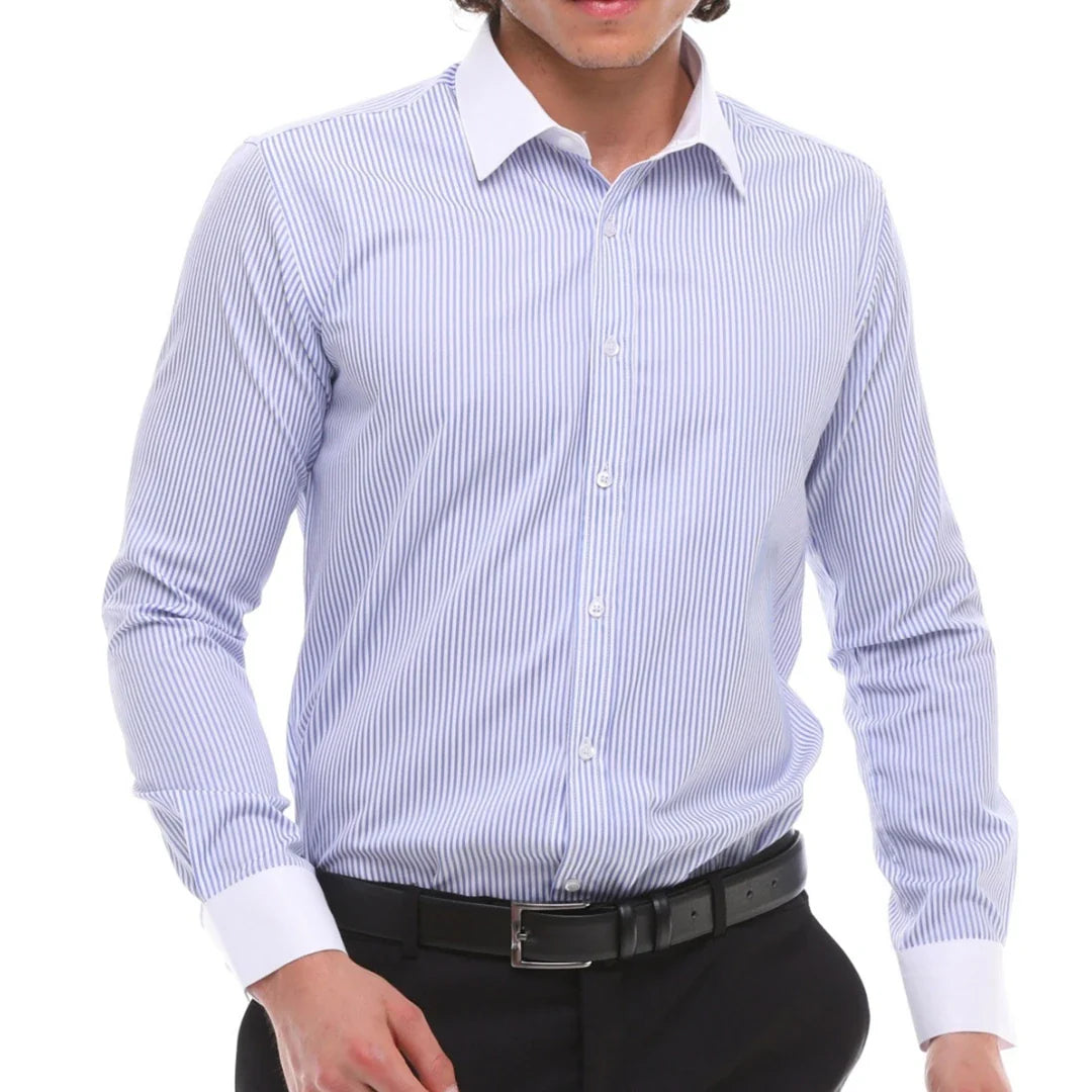 Men's Button Down Stripe Dress Shirt Formal Classic Collar - Blue