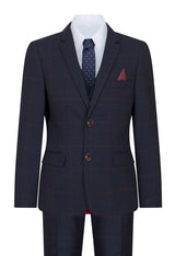 Boys Navy Check 3 Piece Suit Red Edinson Marc Darcy Classic Vintage Wedding