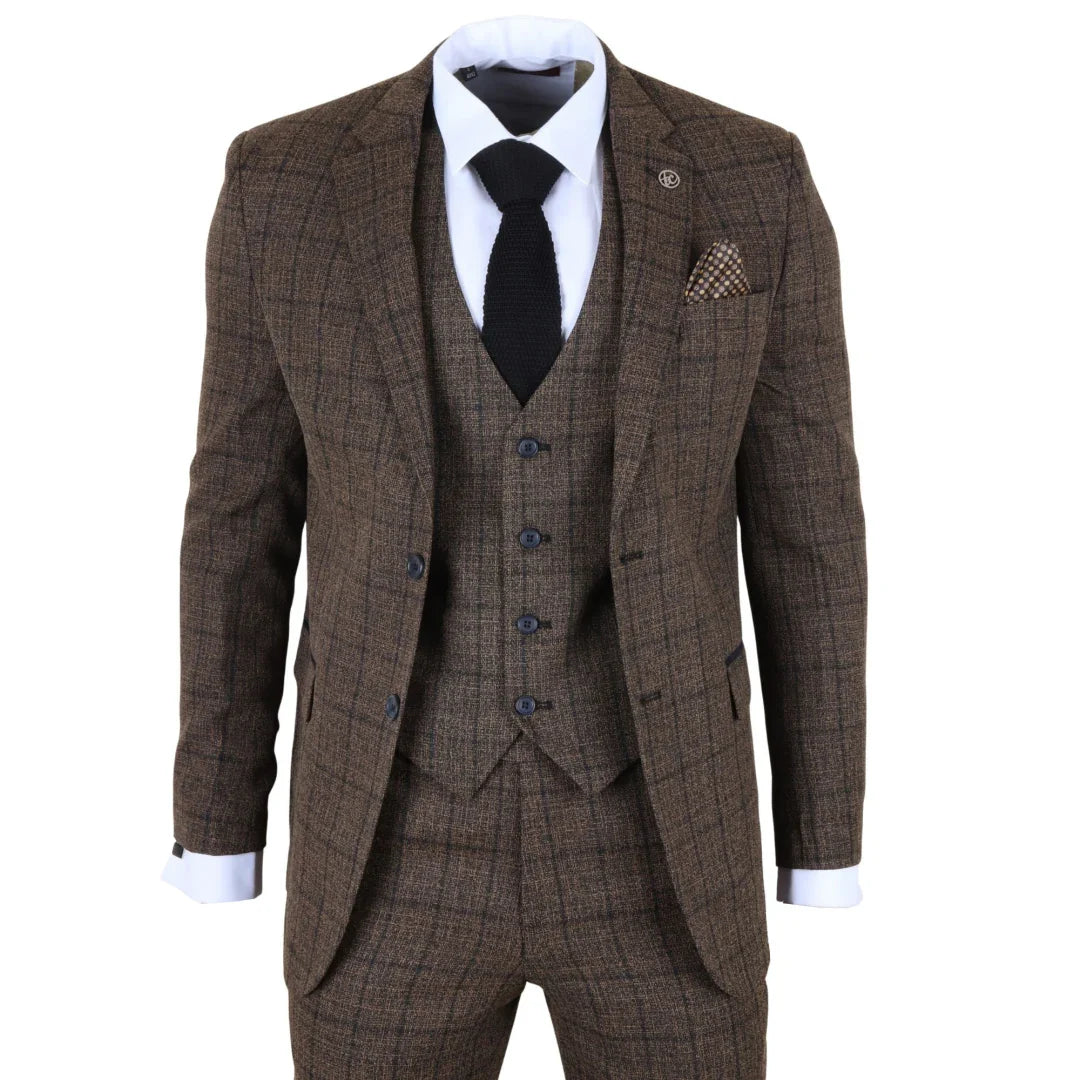 Brown checkered suit with a white shirt and black tie on a white background