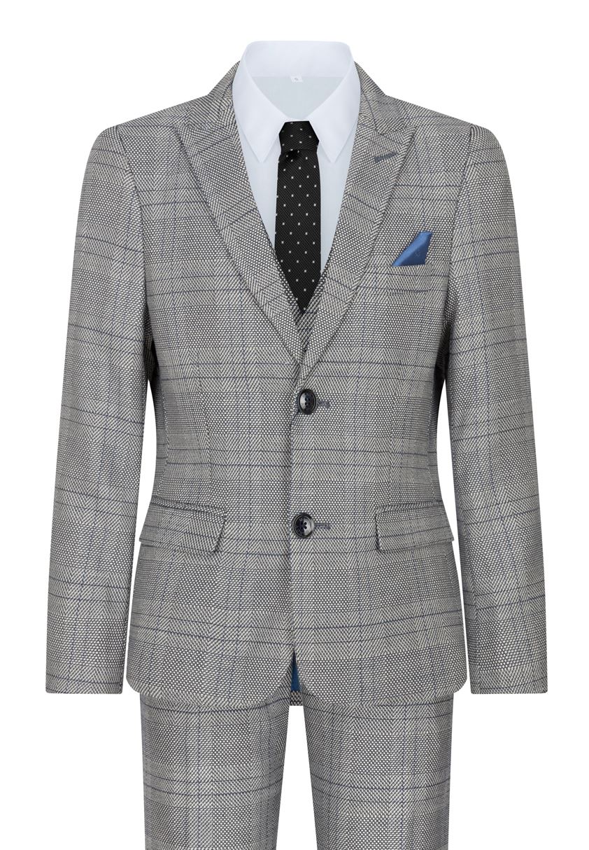 Boys Marc Darcy 3 Piece Suit Grey Prince Of Wales Blue Check Vintage Retro