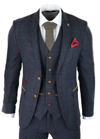 Mens Herringbone Tweed 3 Piece Navy Red Check Suit Vintage 1920s Tailored Fit