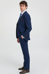 Herre Marineblå 3-delt jakkesæt med brun kant, klassisk fugleøjemønster, vintage, bryllupsbrudgomme