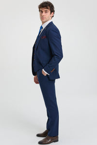 Herre Marineblå 3-delt jakkesæt med brun kant, klassisk fugleøjemønster, vintage, bryllupsbrudgomme