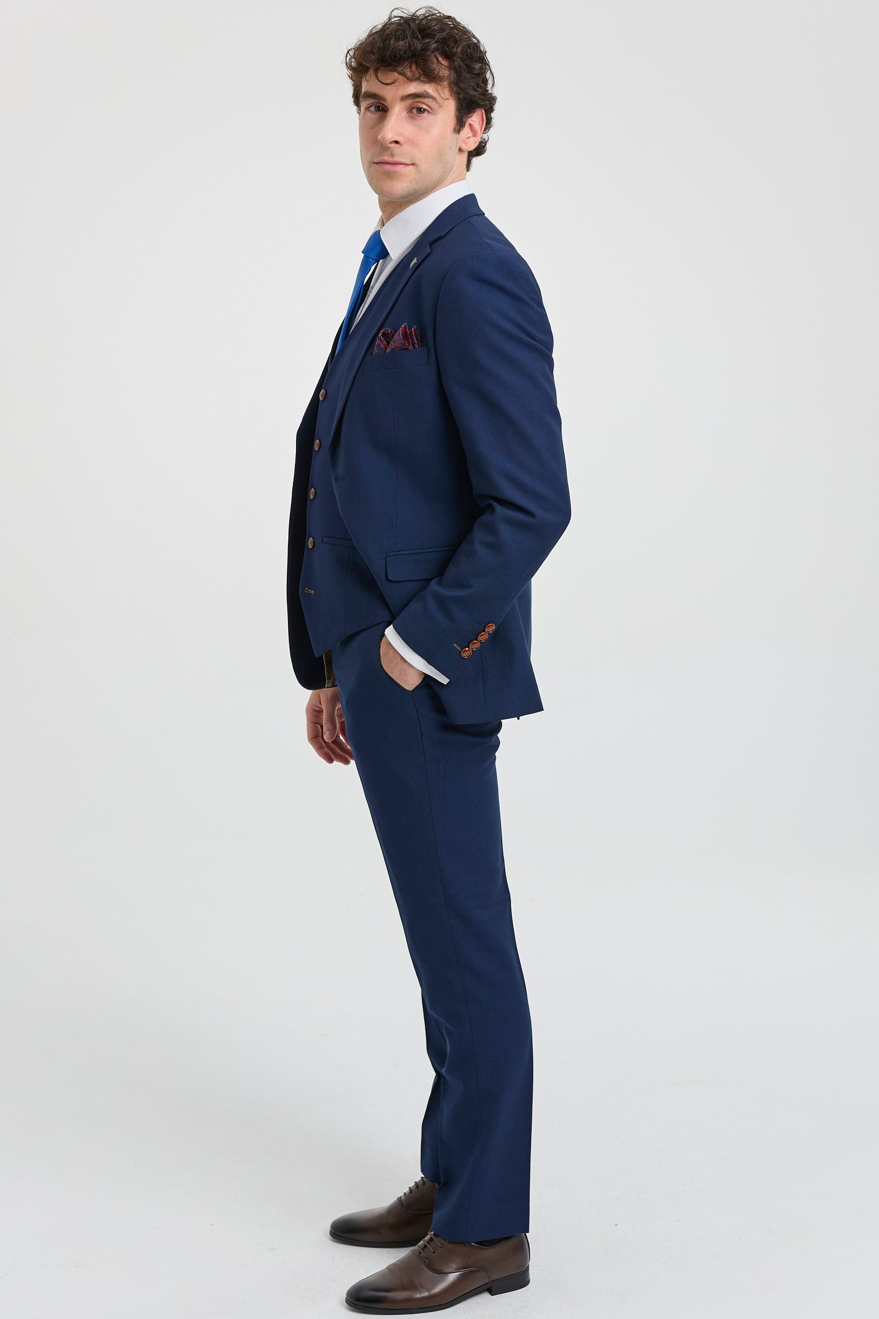Herre Marineblå 3-delt jakkesæt med brun kant, klassisk fugleøjemønster, vintage, bryllupsbrudgomme