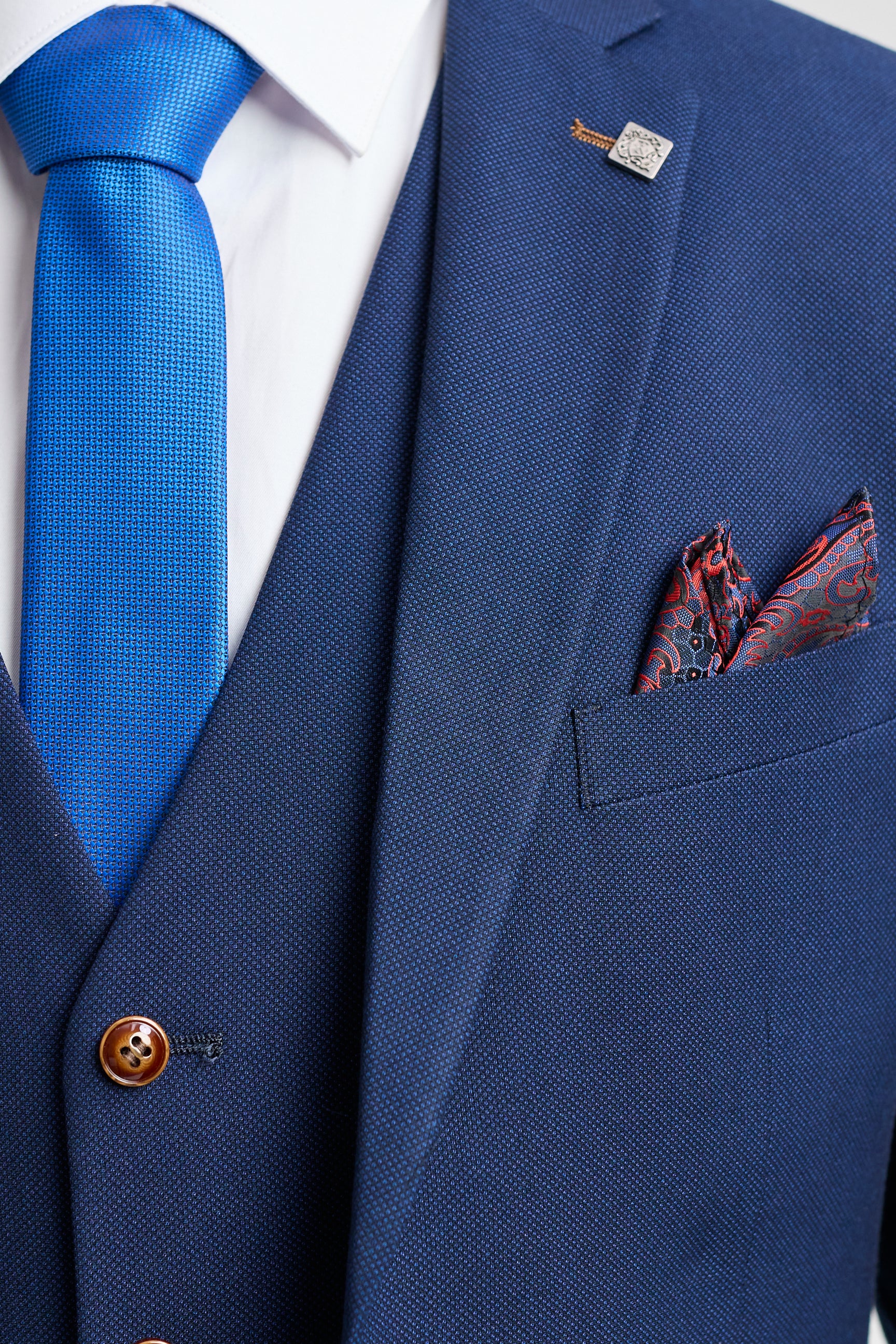 Herre Marineblå 3-delt jakkesæt med brun kant, klassisk fugleøjemønster, vintage, bryllupsbrudgomme