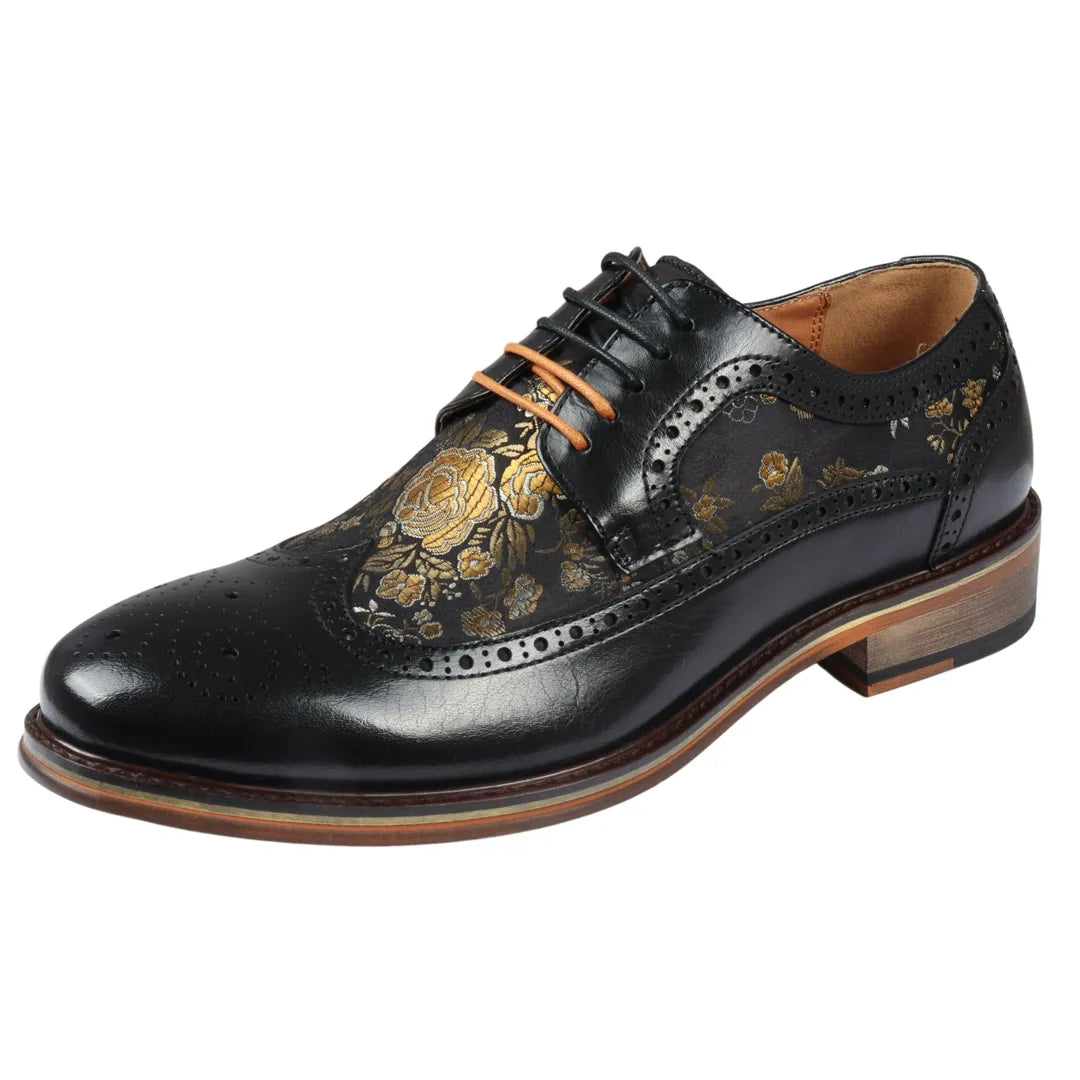 Ross - Men's Floral Print Leather Black Brogue Shoes