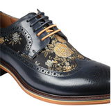 Ross - Men's Floral Print Leather Navy Brogue Shoes
