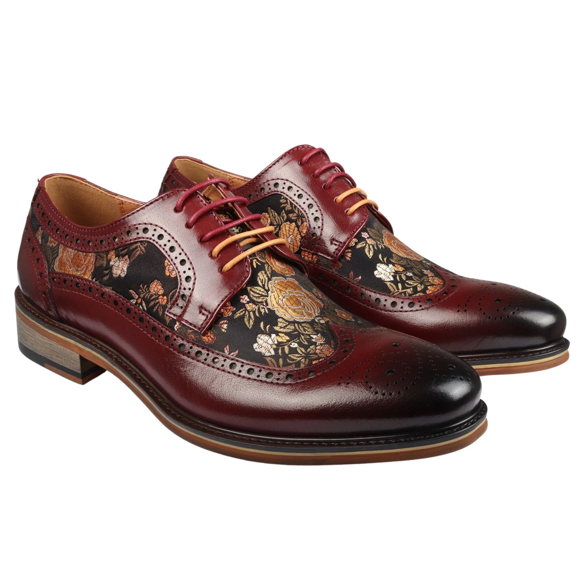 Ross - Men's Floral Print Leather Red Brogue Shoes