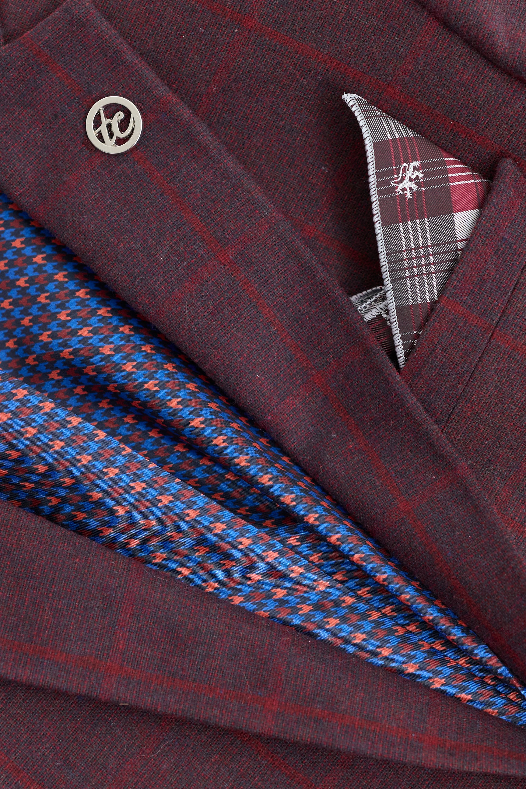 Herre 3-delt jakkesæt i uld, tweed, blommefarvet, vinrødt tern, 1920'er Gatsby