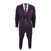 Men's 3 Piece Suit Wool Tweed Plum Wine Check 1920s Gatsby