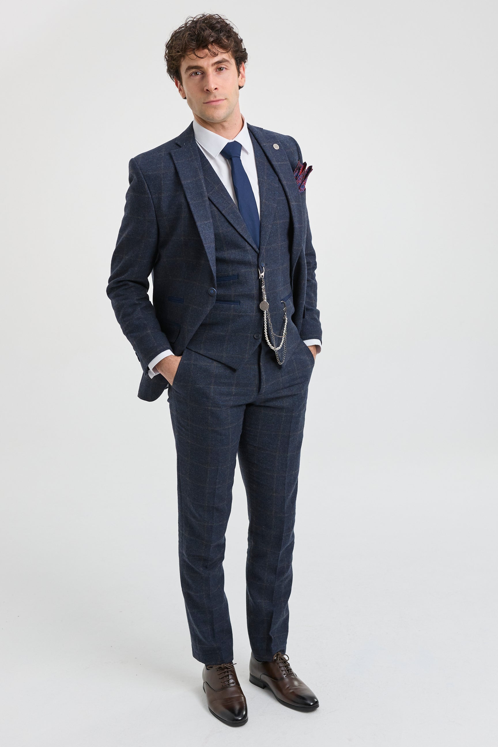 Herre 3-delt jakkesæt i uld, tweed, marineblå, brun, tern, 1920'er Gatsby