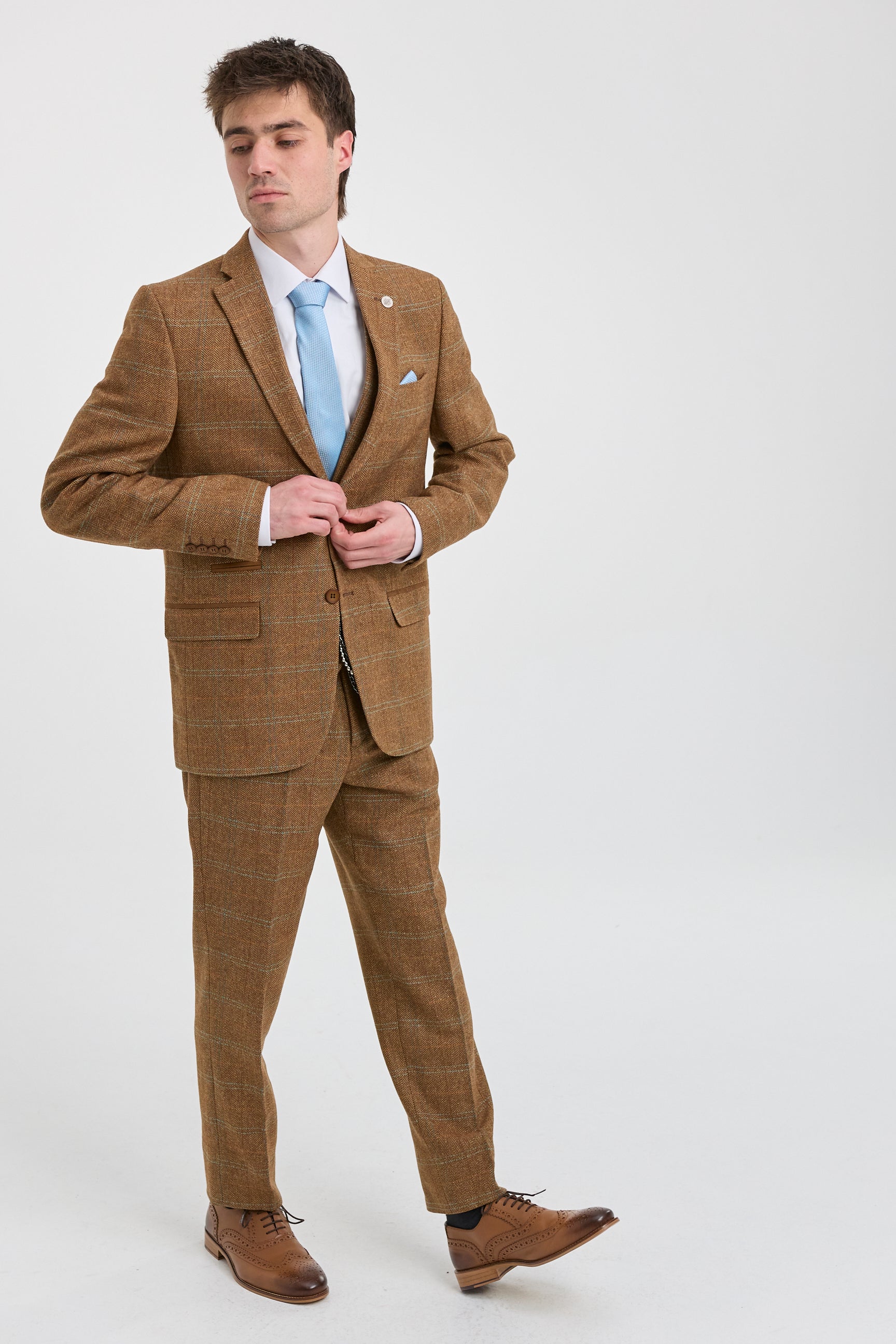 Herre 3-delt jakkesæt i uld, tweed, sildebensmønster, brun, blå, tern, 1920'er Gatsby