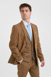 Herre 3-delt jakkesæt i uld, tweed, sildebensmønster, brun, blå, tern, 1920'er Gatsby