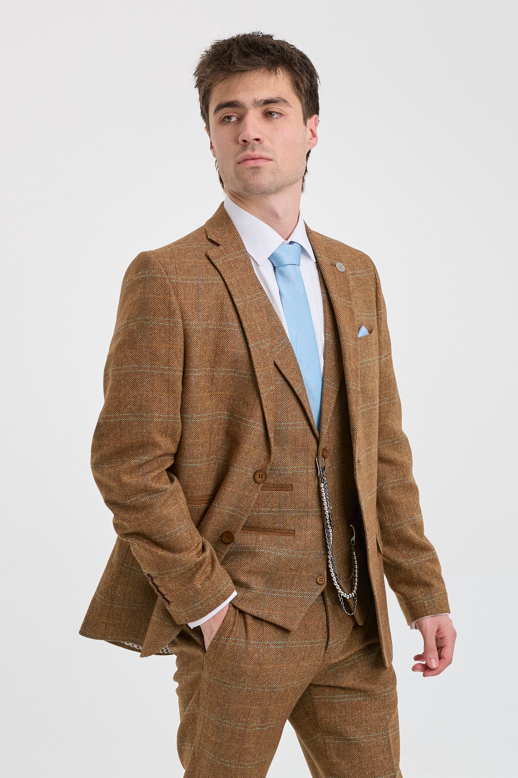 Herre 3-delt jakkesæt i uld, tweed, sildebensmønster, brun, blå, tern, 1920'er Gatsby