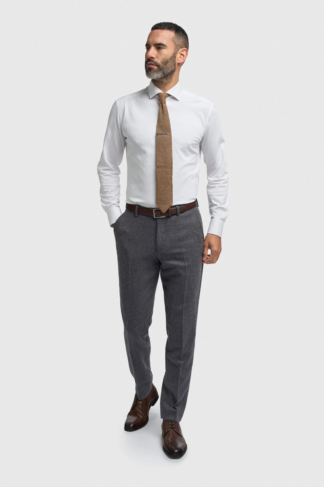 Thomas - Herre marineblåt 3-delt jakkesæt i uldblanding i tweed