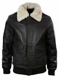 Mens Real Fur Collar Leather Bomber Pilot Flying Jacket Black Brown-Brown