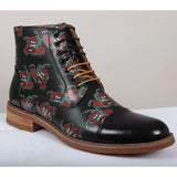 Adam - Men's Black Floral Skull Print Leather Oxford Boots