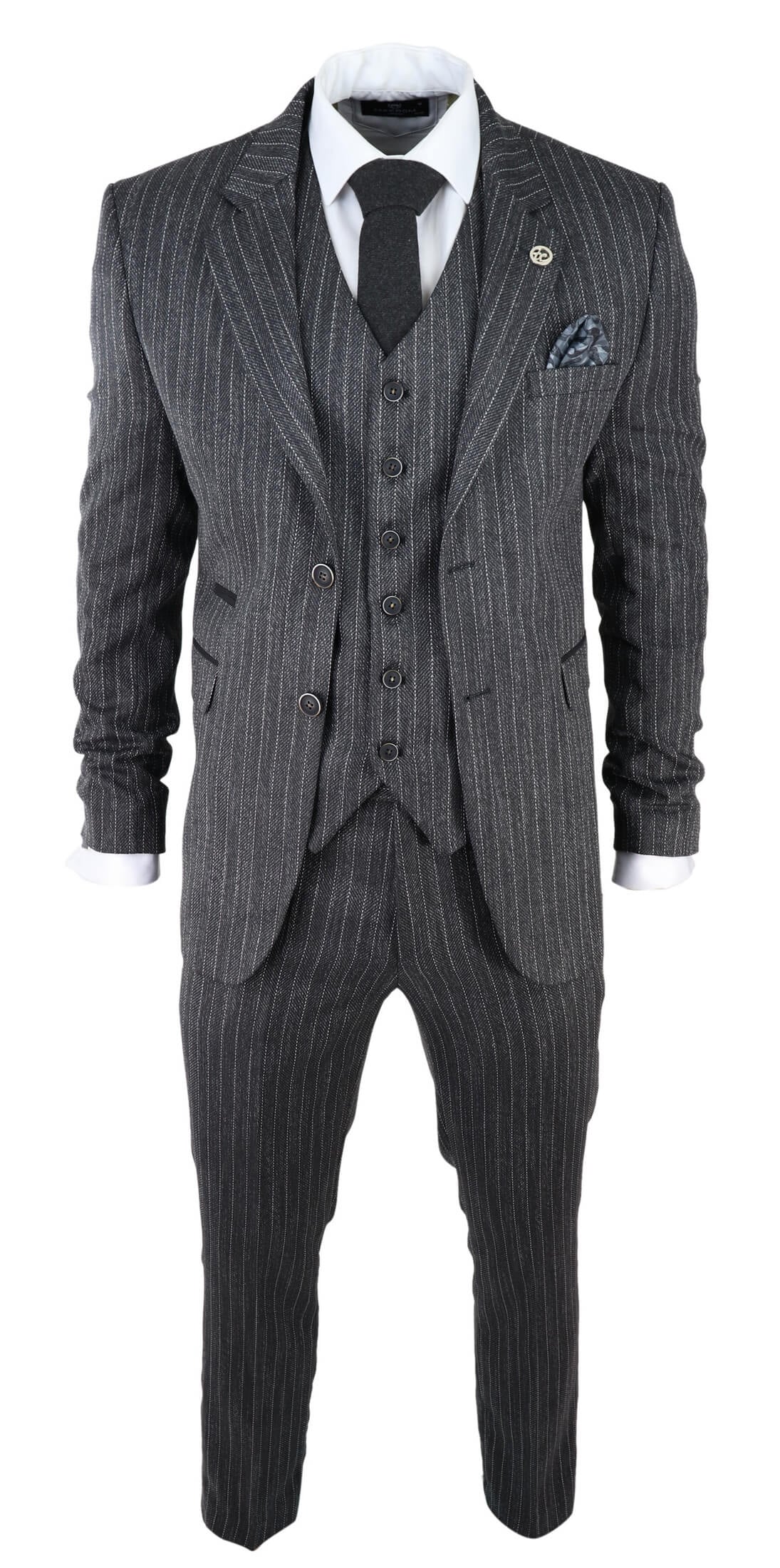 Men's Grey Pinstripe Herringbone Tweed 3 Piece Suit