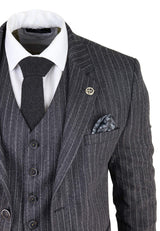 Men's Grey Pinstripe Herringbone Tweed 3 Piece Suit