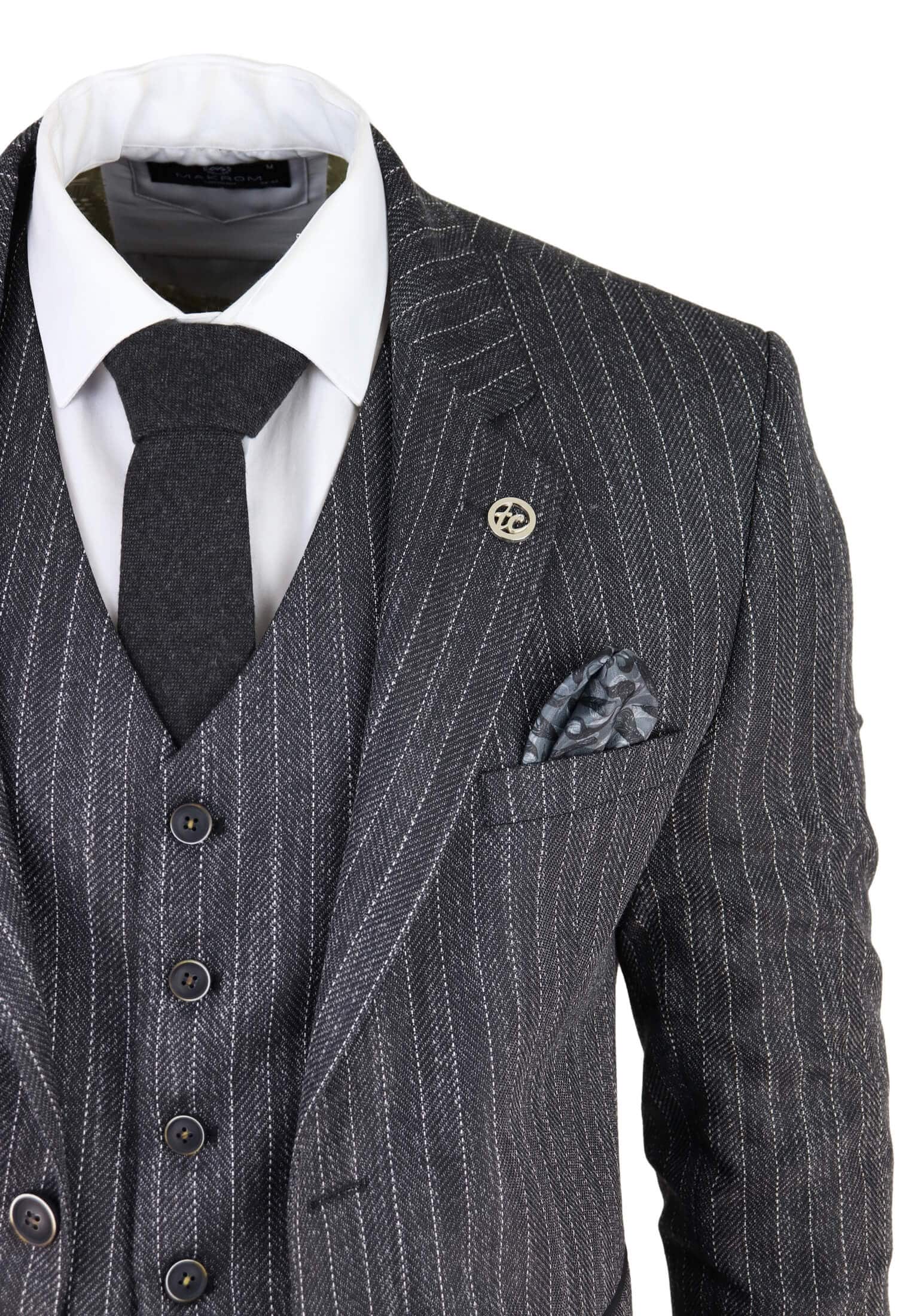 Men's Grey Pinstripe Herringbone Tweed 3 Piece Suit
