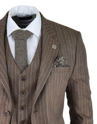Men's Oak Brown Pinstripe Herringbone Tweed 3 Piece Suit