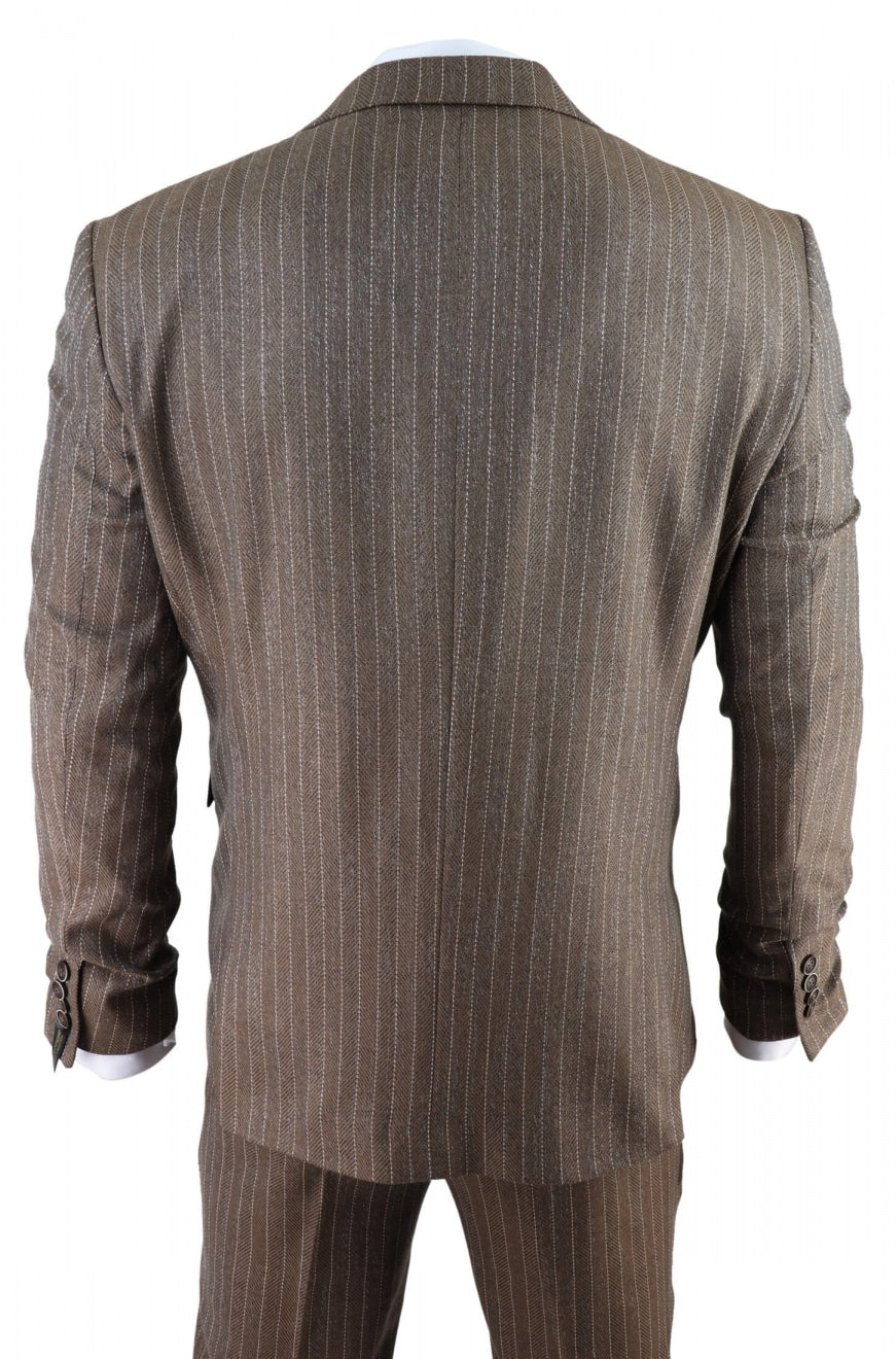 Men's Oak Brown Pinstripe Herringbone Tweed 3 Piece Suit