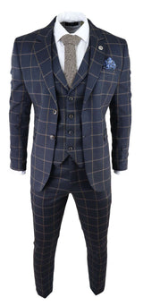 Men's Navy-Blue Windowpane Check 3 Piece Suit