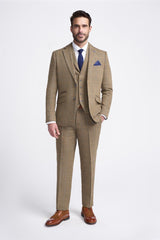 Cavani Albert - Herre Sildebensmønster Tweed Ternet 3-delt Suit - Tan Brun