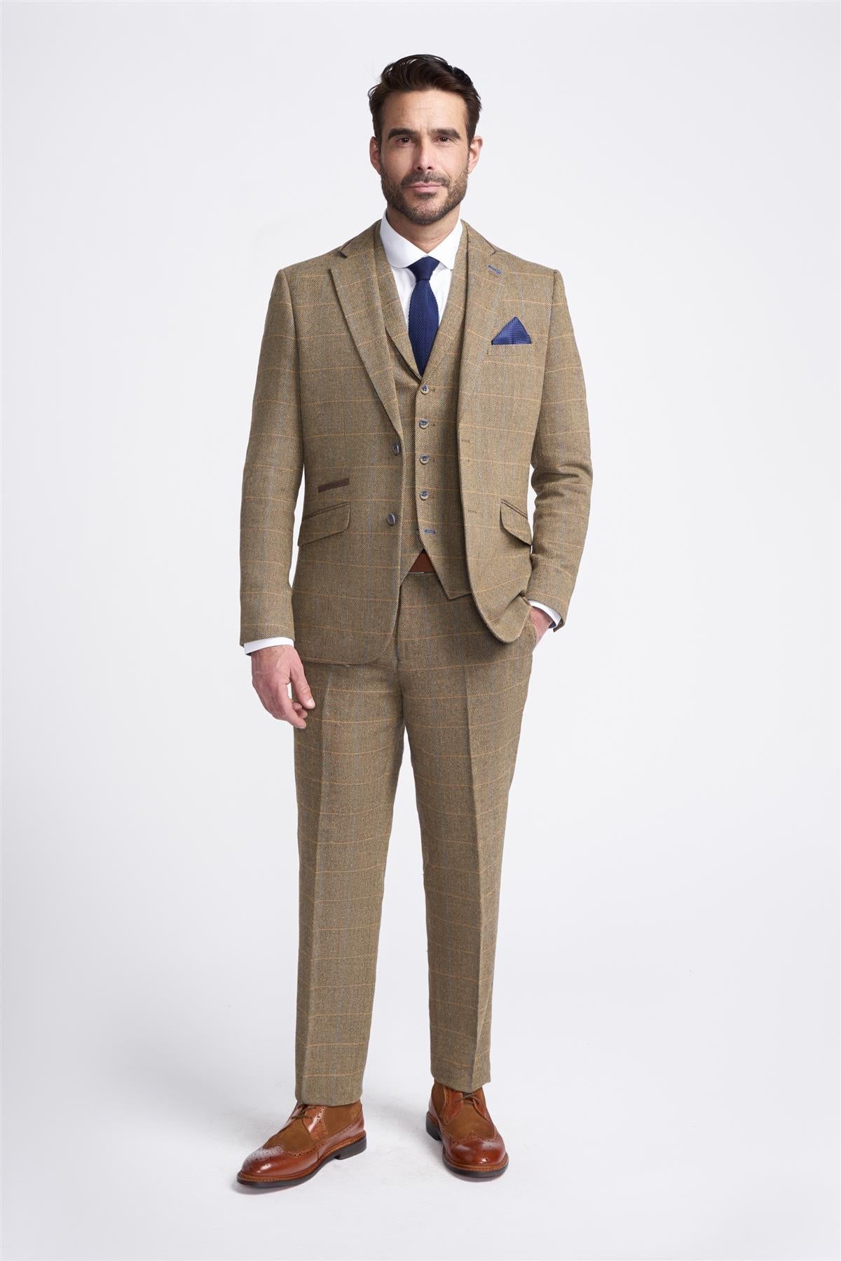 Cavani Albert - Herre Sildebensmønster Tweed Ternet 3-delt Suit - Tan Brun