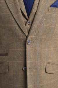 Cavani Albert - Herre Sildebensmønster Tweed Ternet 3-delt Suit - Tan Brun