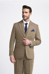 Cavani Albert - Herre Sildebensmønster Tweed Ternet 3-delt Suit - Tan Brun