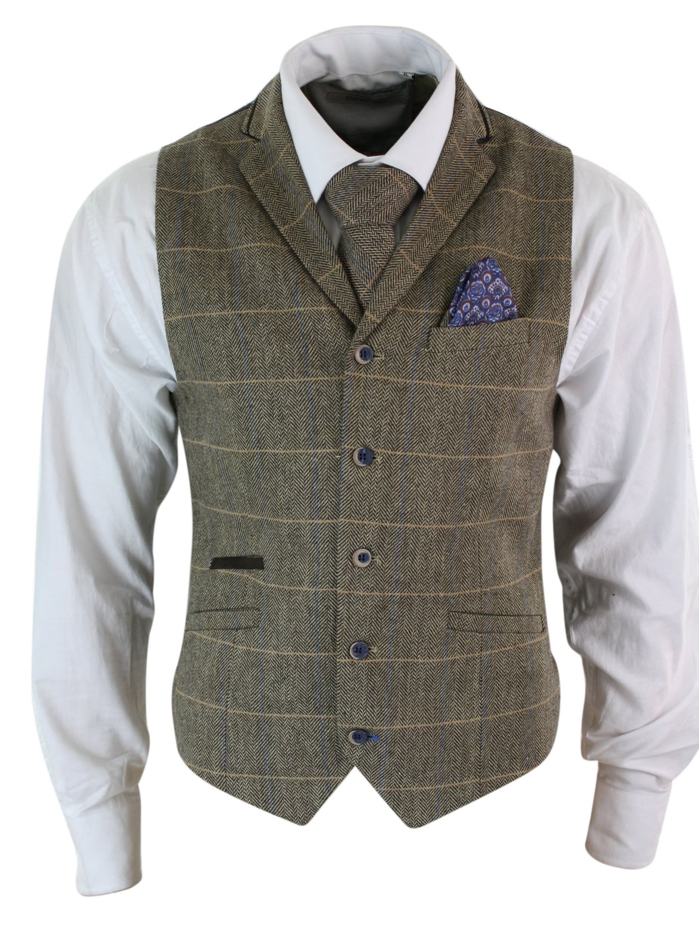 Cavani Albert - Mens Classic Tweed Herringbone Check Brown Grey Slim Fit Vintage Waistcoat Gilet-Tan